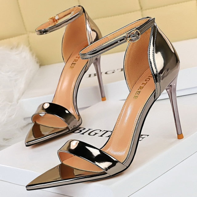 shiny metallic dark gray black pewter open toe strap high heel sandals