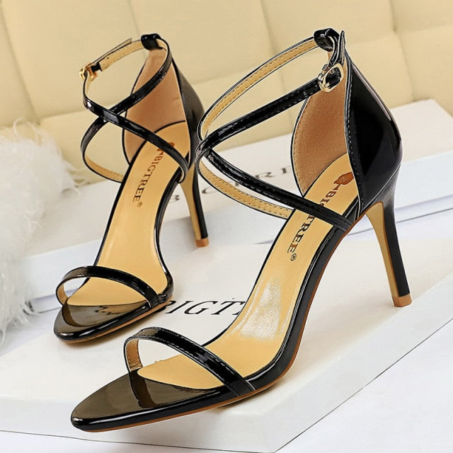 shiny black open toe strap high heel sandals